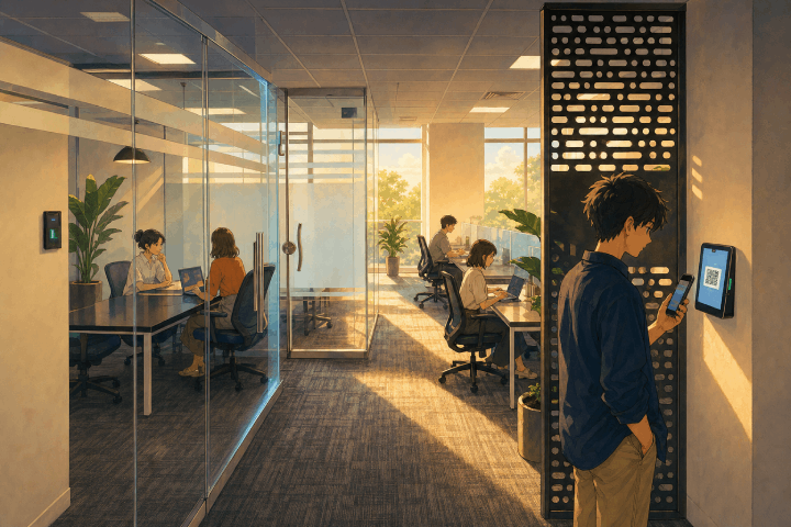 Automated Ven8 workspace running without staff — a member scans a QR code at a self-service kiosk while others work at shared desks and in the meeting room