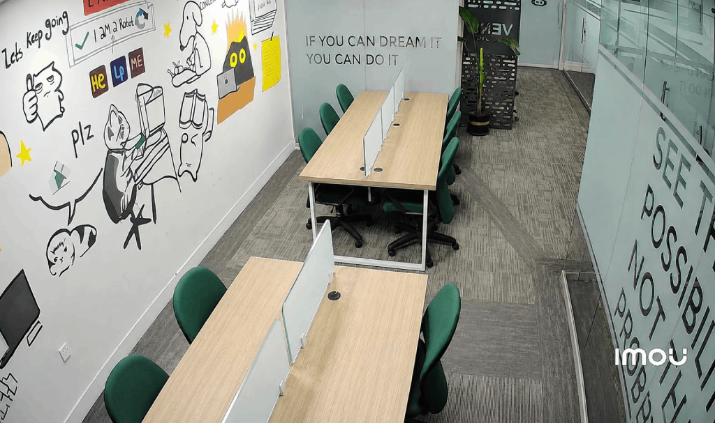 Hot desk rows facing the mural wall